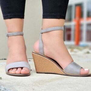Grey Suede Wedge Sandals Women’s Buckle Closure Shoes